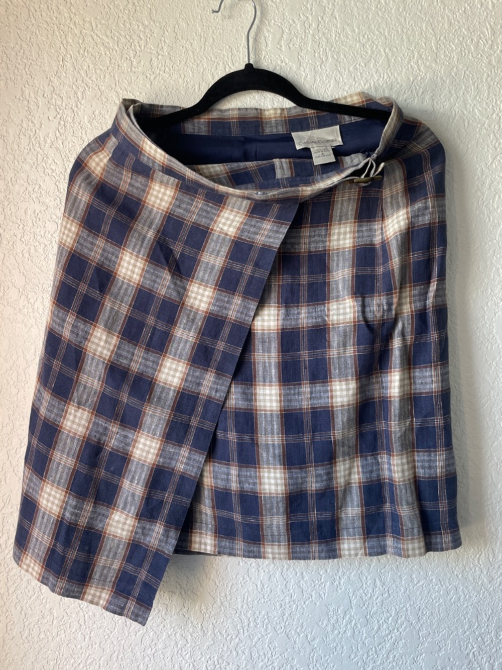 Casual Corner Plaid Wrap Skirt - Navy, Cream & Brown